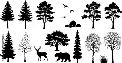 Tree and forest silhouettes - Vector illustration collection of trees and wilderness objects to create your own nature scene.