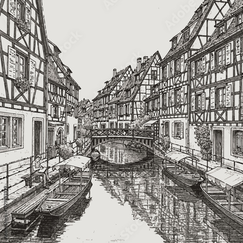 Traditional European half-timbered houses along a serene canal with boats.