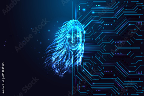 AI Woman Portrait. Cyber Identity and Digital Human Face with Circuit Tech Vector Design