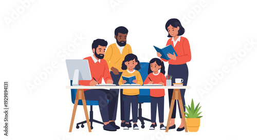 Illustration of a diverse family working together at a desk with a computer and documents in a home office setting with a plant.