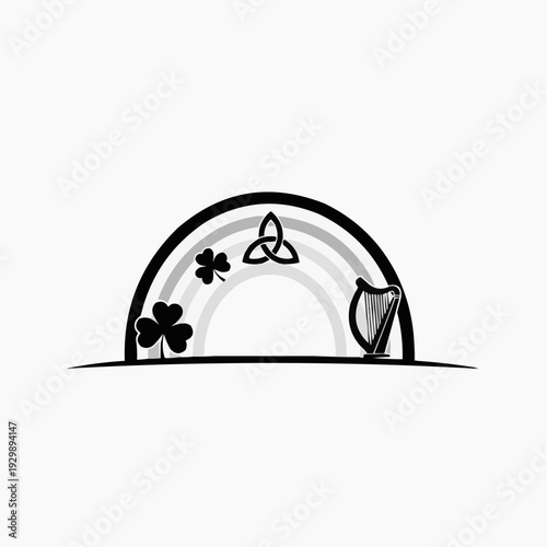 Black and white rainbow with Irish symbols and harp