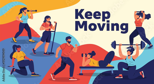 Vector illustration of 6 people exercising and hiking