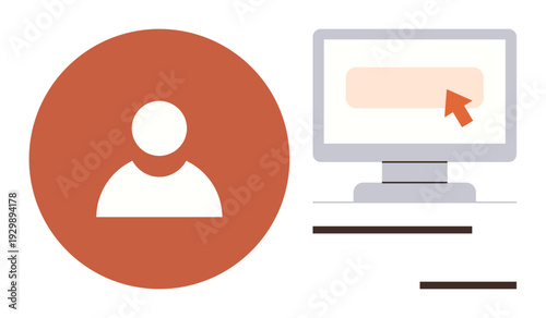 User interface design, digital identity, online security, user profile, website navigation, interactive technology. Profile icon next to a computer monitor with a cursor. User interface design
