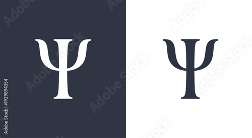Two variations of the Greek letter psi symbol, one in white on a dark blue background and the other in dark blue on a white background, presented in a simple and contrasting style.