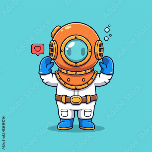 Cute Deep Sea Diver Cartoon with Heart Like Icon and Bubbles on Blue Background - Underwater Social Media Fun Vector
