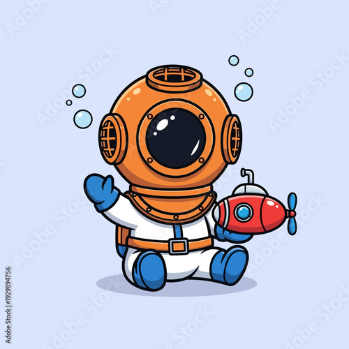 Adorable Cartoon Deep Sea Diver in Vintage Helmet with Toy Submarine - Cute Underwater Adventure Character Illustration