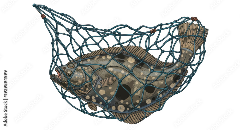 Fototapeta premium Freshly caught flatfish in a fishing net, isolated on white, seafood ingredient
