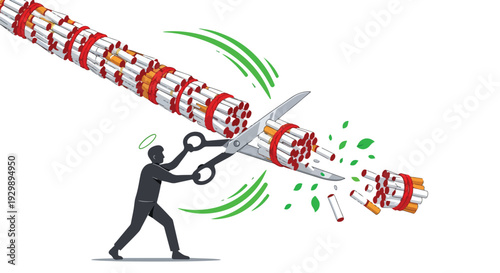 A black silhouette of a man cutting through a large red and white striped pole with scissors on a white background with green motion lines.