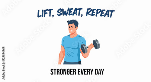 Vector illustration of a man lifting dumbbell, motivational fitness quote