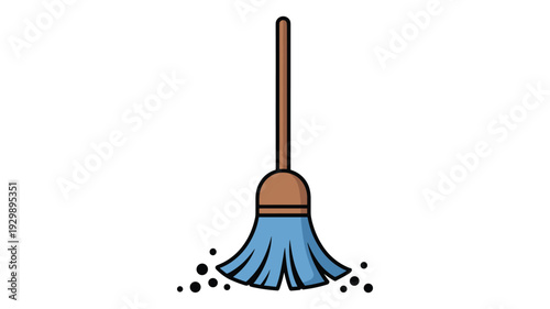 Blue Broom Sweeping Dust Particles Vector Illustration, Flat Style Cleaning Tool Icon for Housekeeping and Maintenance Concepts