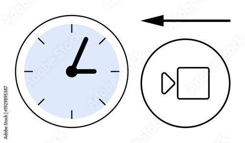 Time management concept. Time by a clock paired with a video playback icon. Time efficient scheduling, editing, and media usage. For productivity, filmmaking, scheduling, digital tools education
