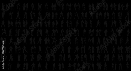 Silhouette of people standing in rows on a black background.