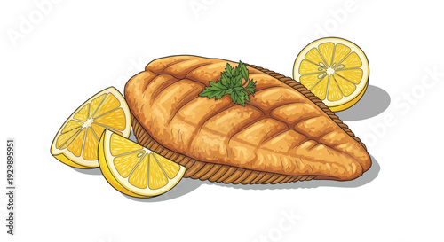 Grilled Fish Fillet with Lemon Slices and Parsley Garnish