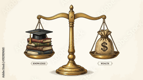 Education vs Money Balance Concept Illustration – Knowledge and Wealth on Scales