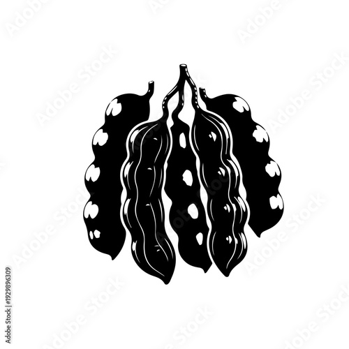 Black and white stylized illustration of a cluster of dried pods or seed vessels