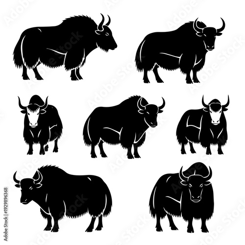 Collection of stylized black silhouettes of yaks in various poses and orientations