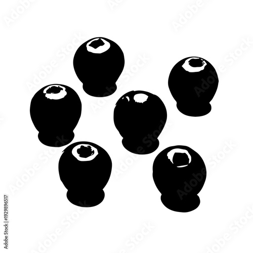 Seven black spherical objects arranged in a circular pattern against a white background
