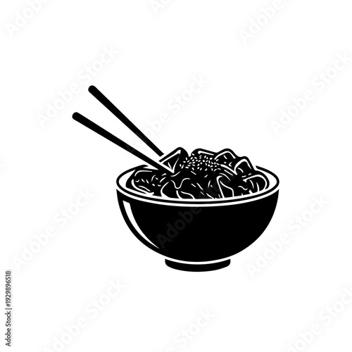 A black and white illustration of a bowl of noodles with chopsticks