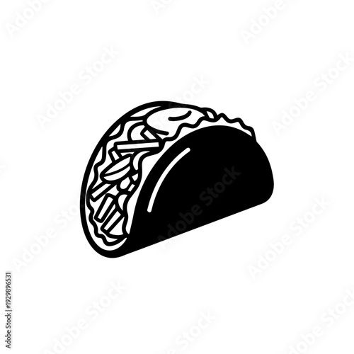 A stylish black and white illustration of a delicious taco with visible fillings