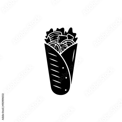 Black and white illustration of a wrapped burrito with visible ingredients