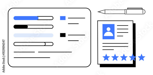 Job application elements including resume progress bars, a profile card, and star ratings for evaluating candidates. Ideal for recruitment, hiring, HR, career development, evaluations, employee