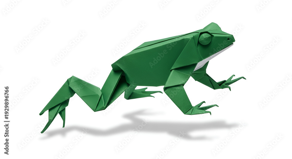 Fototapeta premium Origami Green Frog Figure with Folded Paper Texture on White Backdrop for Decorative Art and Craft Projects Paper Folding Art