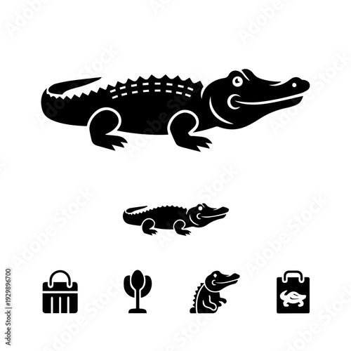 Black and white croc-themed icons featuring various crocodile illustrations and symbols