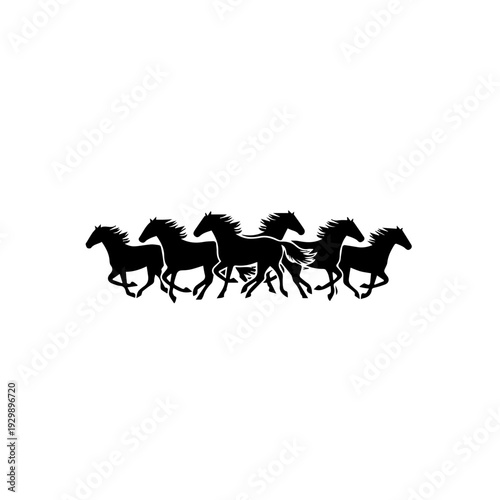 Four silhouetted horses galloping in a straight line against a plain background