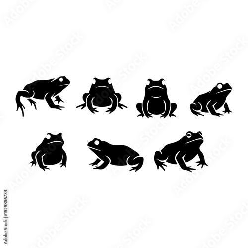 Black silhouette frogs in various dynamic poses on a white background