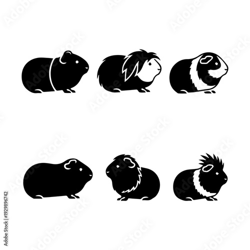 Playful silhouettes of guinea pigs in various relaxed and active poses