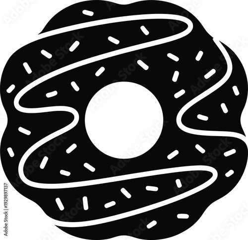 Sweet donut silhouette with sprinkles and glaze, black bakery vector icon isolated on white background