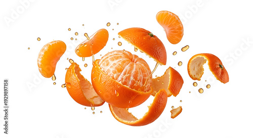 Fresh Mandarin Orange Explosion with Flying Slices, Peel and Juice Droplets on White Background