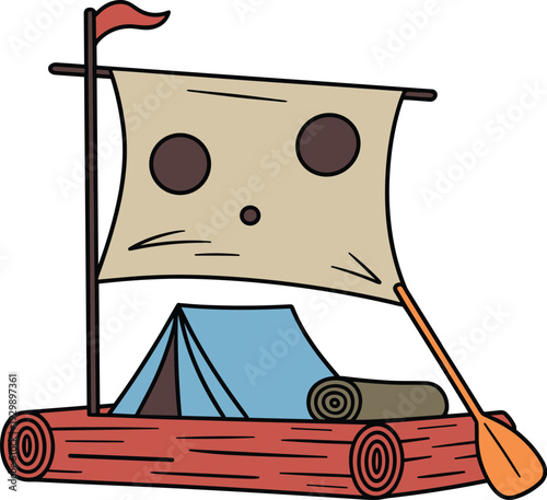 Handmade Wooden Log Raft with Sail and Camping Tent Vector Illustration Isolated on White