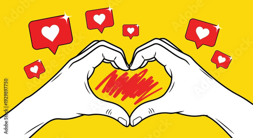 Hands forming a heart shape with social media likes and hearts around.