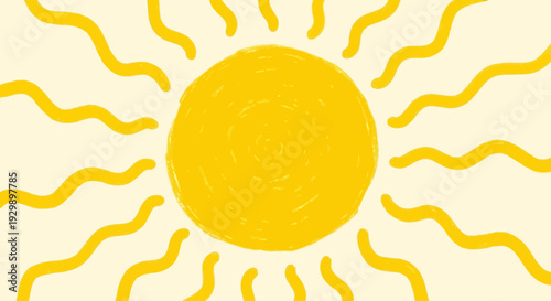 Simple Hand Drawn Yellow Sun Illustration with Wavy Rays.