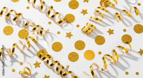 Gold confetti and streamers on a white background for celebration.