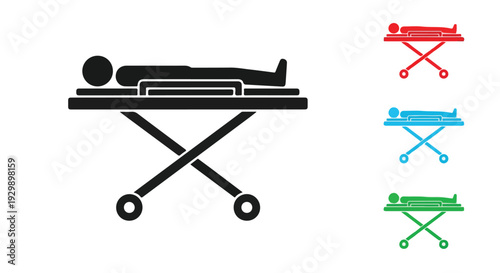 A graphic illustration of a person lying on a hospital bed with wheels in black, red, blue, and green icons on a white background.