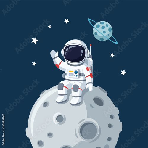 Friendly Cartoon Astronaut Waving from the Moon in Outer Space - Vector Illustration
