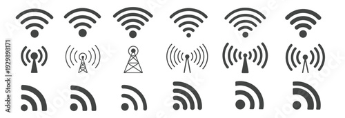Collection of black and white vector icons representing Wi-Fi signals and transmission towers, symbolizing wireless connectivity and communication technology.