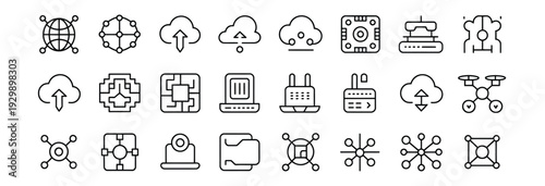 Assortment of technology and digital icons featuring cloud storage, network connections, processors, drones, and data transfer symbols, representing modern connectivity and digital systems.