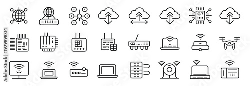 Diverse array of technology icons showcasing wireless communication, cloud infrastructure, network devices, and data processing elements, highlighting digital connectivity and modern systems.