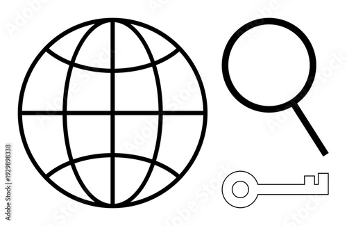 Globe symbolizing world, magnifying glass for search, and key for access or security. Ideal for technology, globalization, research, cybersecurity, knowledge exploration and networking. Simple flat