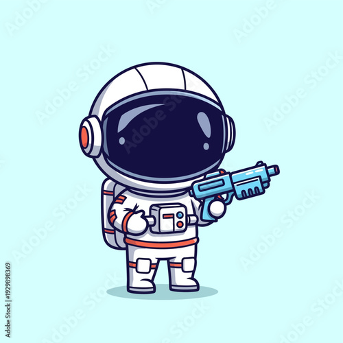 Cute Astronaut Character Holding Laser Gun Vector Illustration. Adorable Spaceman with Futuristic Weapon for Sci-Fi, Gaming, and Kids' Designs