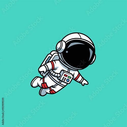 Cute Cartoon Astronaut Floating in Space Isolated on Teal Background - Minimalist Vector Illustration of Spaceman in Zero Gravity
