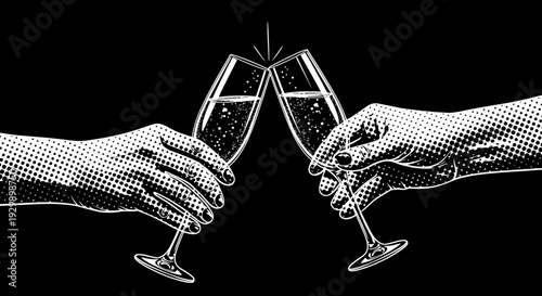 Two hands clinking champagne flutes in a celebratory toast.