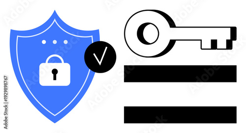 Blue shield with lock, key, checkmark symbol, and horizontal bars. Ideal for cybersecurity, authentication, access control, encryption privacy data protection secure login. Simple flat metaphor