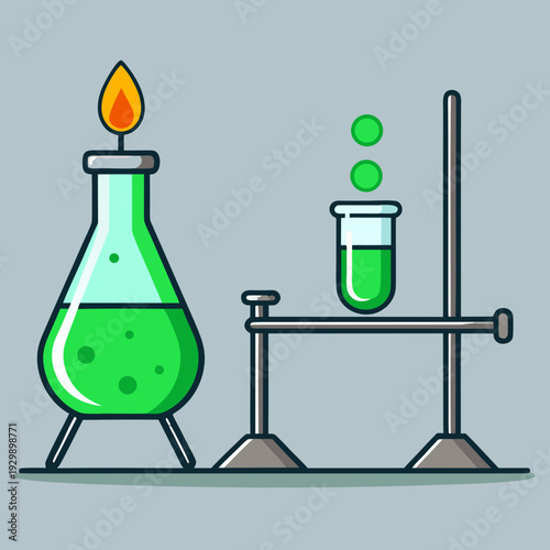 Science experiment with a lit burner heating a flask and a test tube with bubbling green liquid