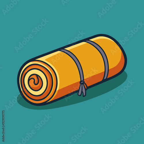 Rolled orange sleeping bag with gray straps for outdoor adventures, isolated graphic