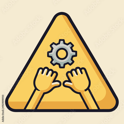 Yellow triangular warning sign depicting hands being crushed by a mechanical gear symbolizing danger and industrial hazards