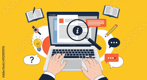 Person researching on laptop with various icons and symbols surrounding it.